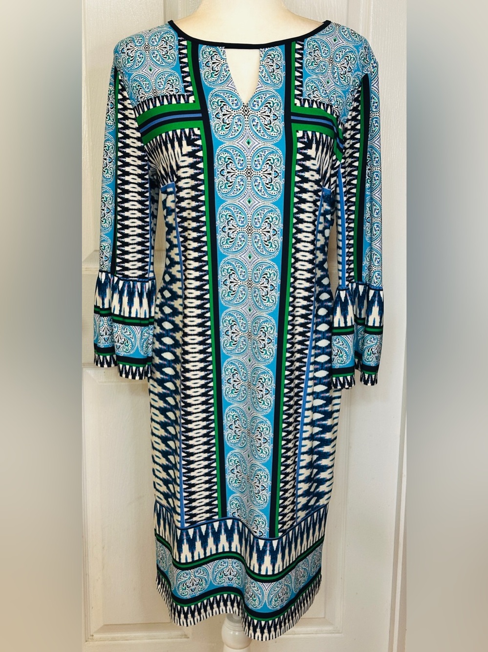 Chico's Dress Artsy Colorful Geometric Sheath 1/3 Bell Sleeve Knee Length  Sz 1